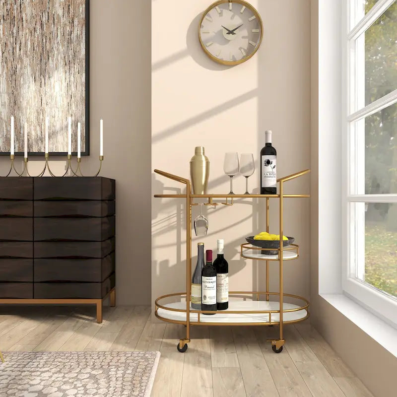 Contemporary Modern Iron 3 Tier Drink Bar Storage Cart - Gold, Silver, or Matte Black