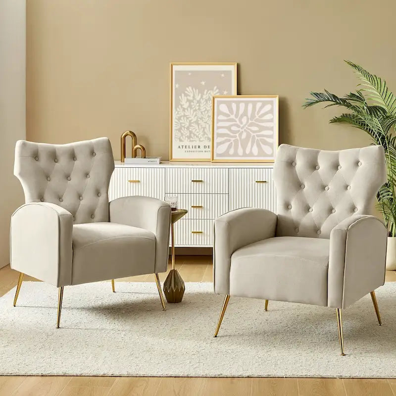 Danita Contemporary Velvet Wingback Tufted Chair With Gold Flared Metal Legs Set Of 2 by HULALA HOME