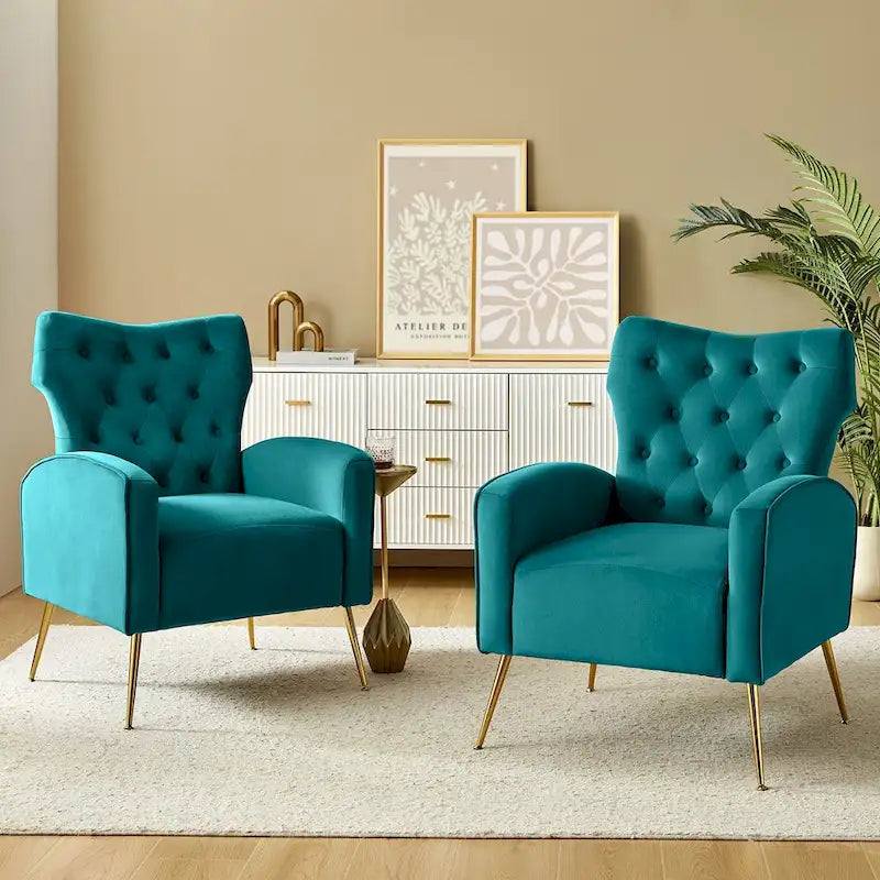 Danita Contemporary Velvet Wingback Tufted Chair With Gold Flared Metal Legs Set Of 2 by HULALA HOME