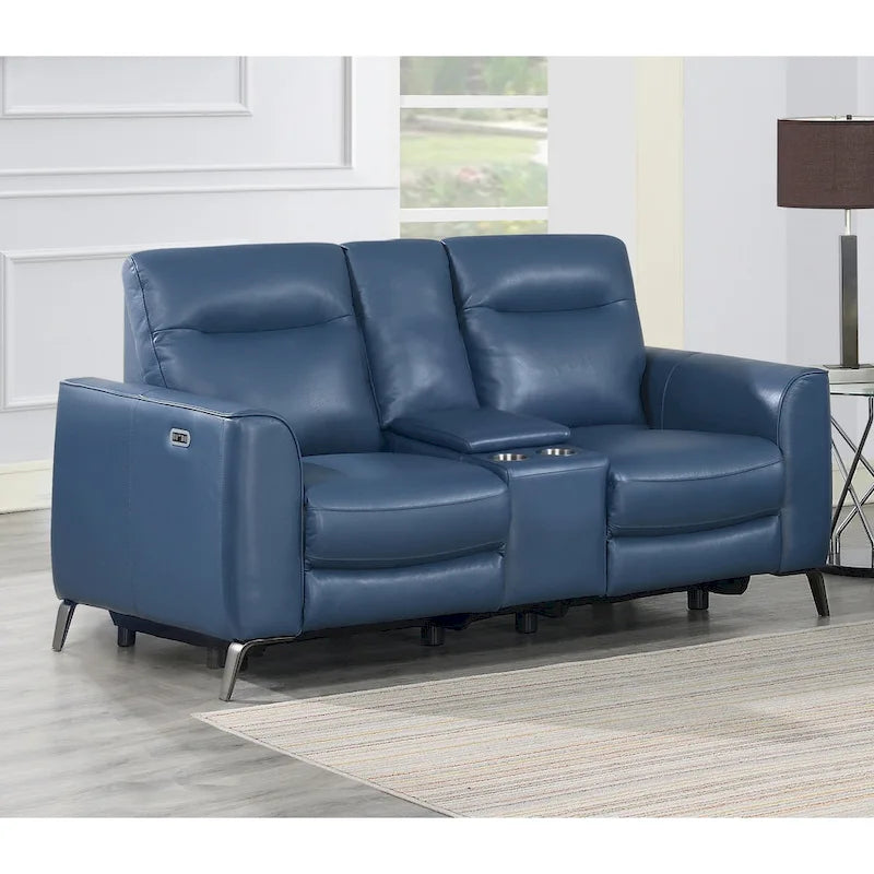 Steve Silver Top Grain Leather Ocean Blue Power Reclining Console Loveseat
