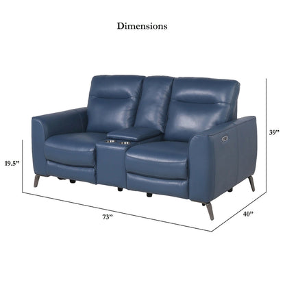Steve Silver Top Grain Leather Ocean Blue Power Reclining Console Loveseat