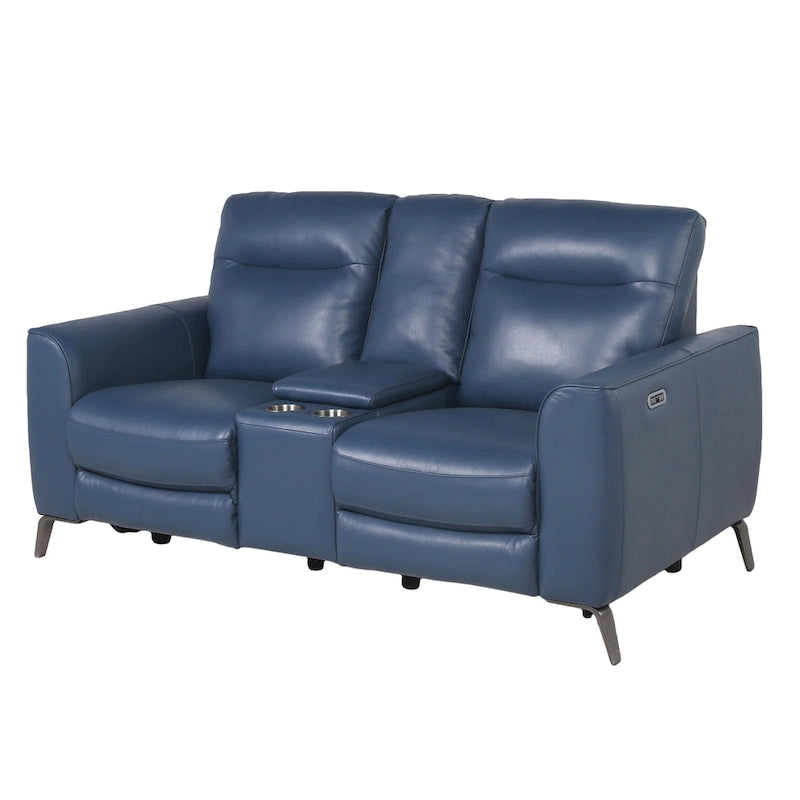 Steve Silver Top Grain Leather Ocean Blue Power Reclining Console Loveseat