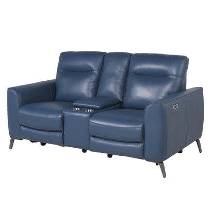 Steve Silver Top Grain Leather Ocean Blue Power Reclining Console Loveseat