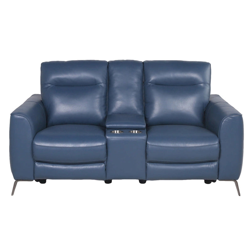 Steve Silver Top Grain Leather Ocean Blue Power Reclining Console Loveseat