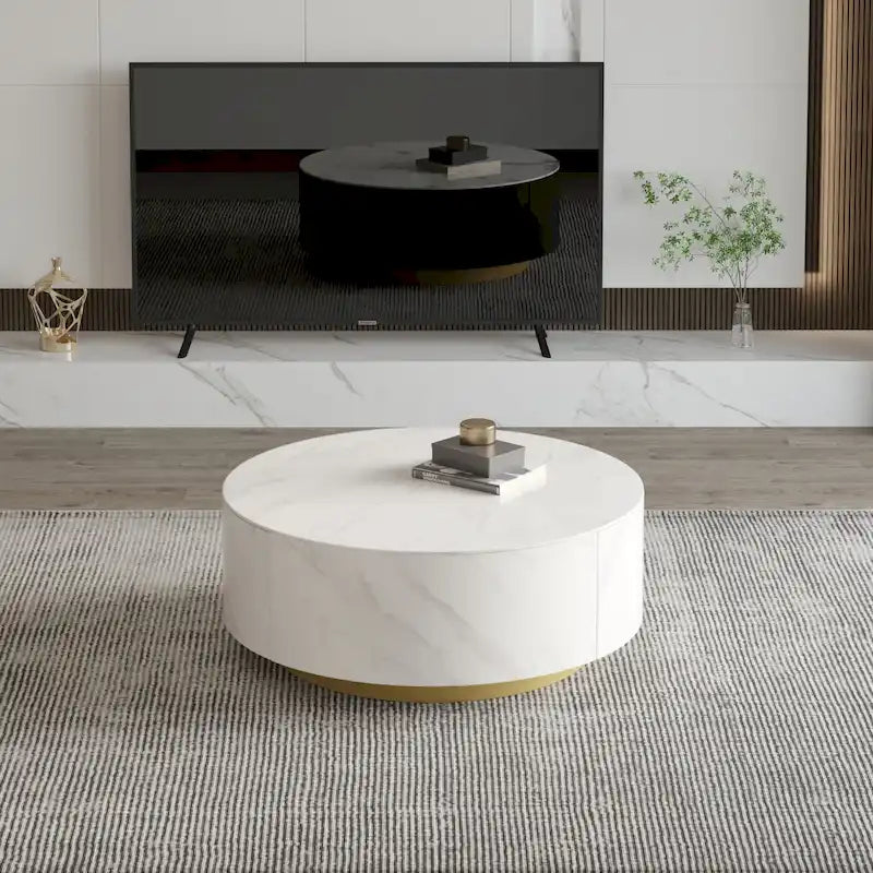 Faux Marble Top Round Modern Coffee Table with 2 Drawers