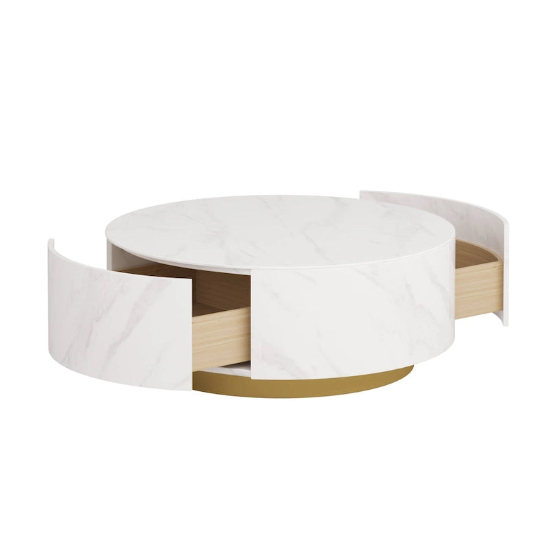 Faux Marble Top Round Modern Coffee Table with 2 Drawers