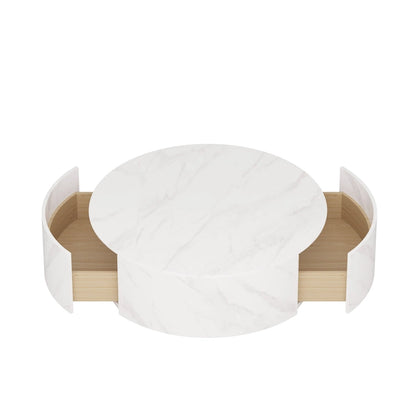 Faux Marble Top Round Modern Coffee Table with 2 Drawers