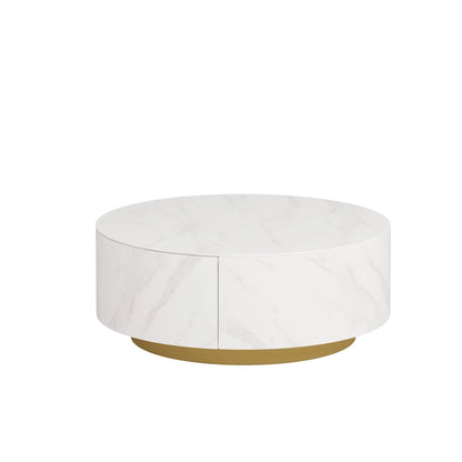Faux Marble Top Round Modern Coffee Table with 2 Drawers