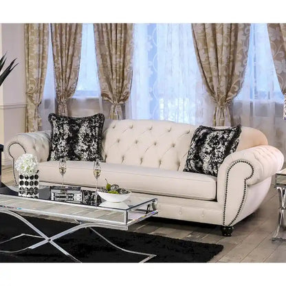 Cury Glam Beige Fabric Upholstered Tufted Nailhead Trim Sofa by Furniture of America