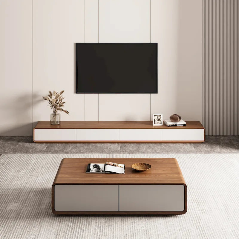 Modern Rectangular TV Stand with 4 Drawers, Wood Veneer Media Console, Walnut White, Soild Wooden, Fully-Assembled