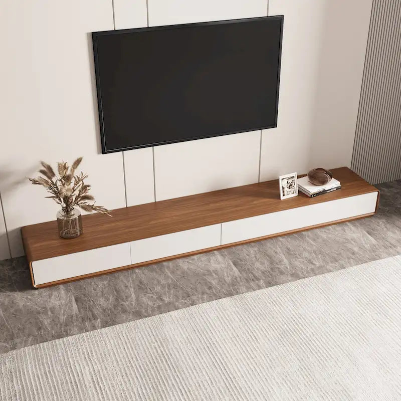 Modern Rectangular TV Stand with 4 Drawers, Wood Veneer Media Console, Walnut White, Soild Wooden, Fully-Assembled
