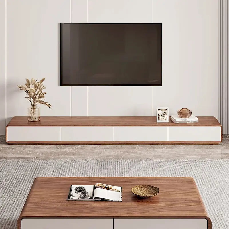 Modern Rectangular TV Stand with 4 Drawers, Wood Veneer Media Console, Walnut White, Soild Wooden, Fully-Assembled