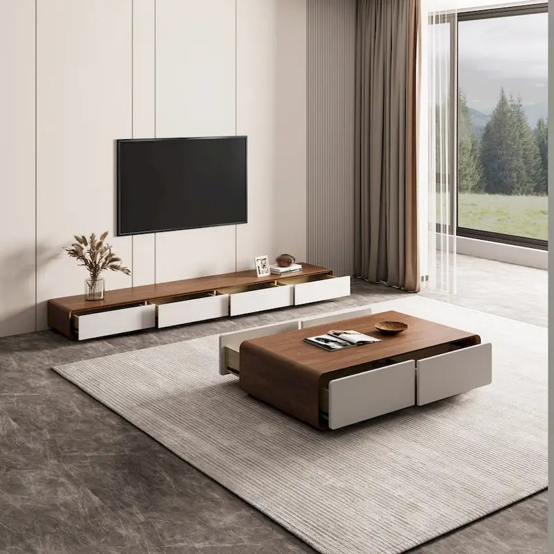 Modern Rectangular TV Stand with 4 Drawers, Wood Veneer Media Console, Walnut White, Soild Wooden, Fully-Assembled