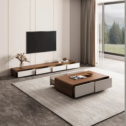 Modern Rectangular TV Stand with 4 Drawers, Wood Veneer Media Console, Walnut White, Soild Wooden, Fully-Assembled