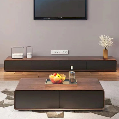 Modern Rectangular TV Stand with 4 Drawers, Wood Veneer Media Console, Walnut White, Soild Wooden, Fully-Assembled
