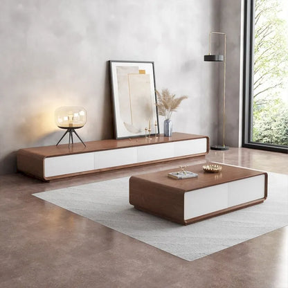 Modern Rectangular TV Stand with 4 Drawers, Wood Veneer Media Console, Walnut White, Soild Wooden, Fully-Assembled