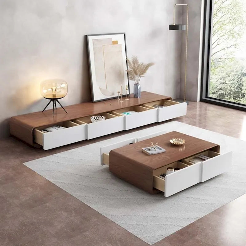 Modern Rectangular TV Stand with 4 Drawers, Wood Veneer Media Console, Walnut White, Soild Wooden, Fully-Assembled