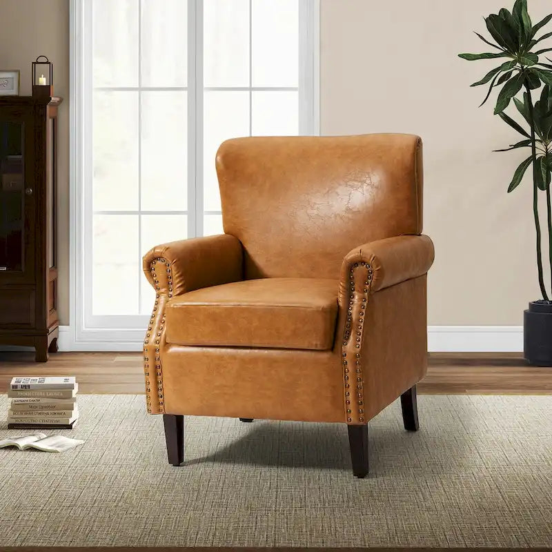 Levi Transitional Leather Armchair with Nailhead Trim Rolled Arms by HULALA HOME