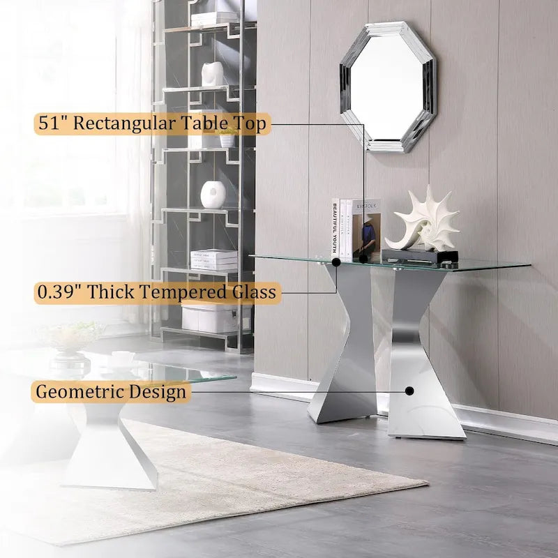 Luxury 51 inch Console Table Rectangular Sofa Entryway Console Table with Rectangle Tempered Glass Top and Metal Legs