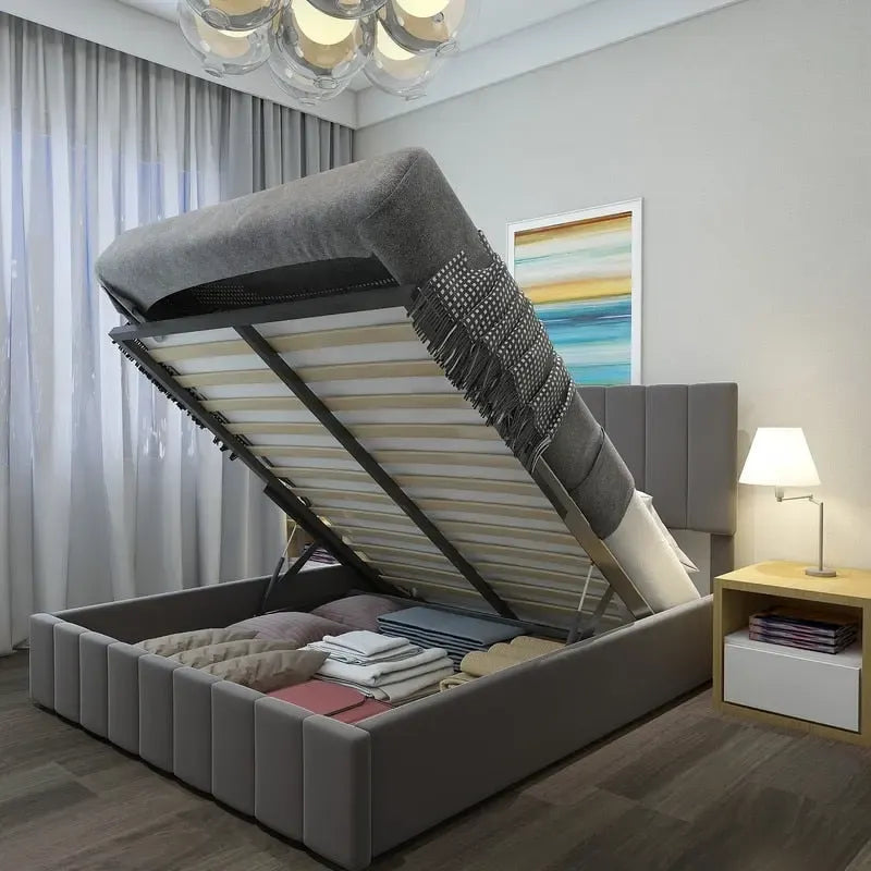 Queen Size Linen Upholstered Platform Bed with Lift Up Storage System