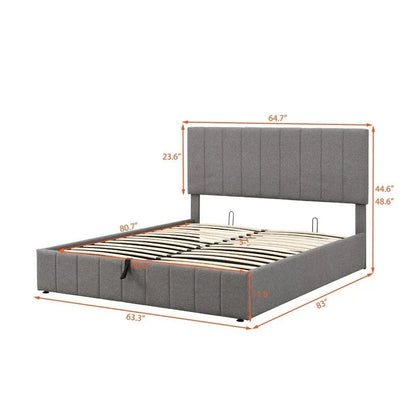 Queen Size Linen Upholstered Platform Bed with Lift Up Storage System