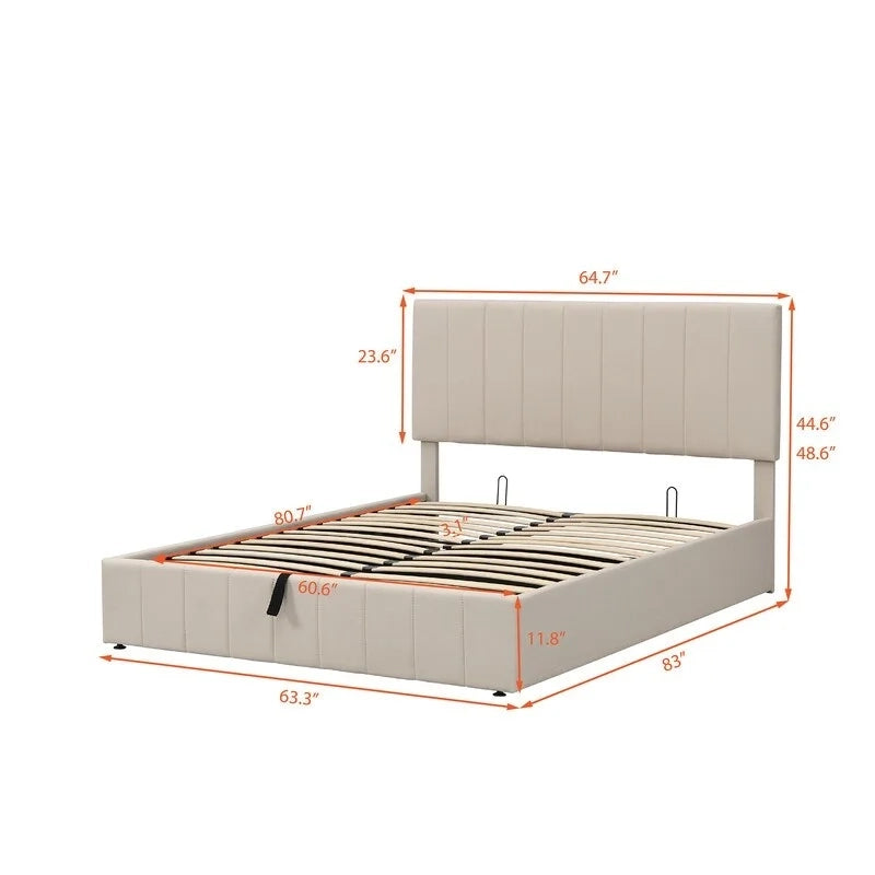 Queen Size Linen Upholstered Platform Bed with Lift Up Storage System