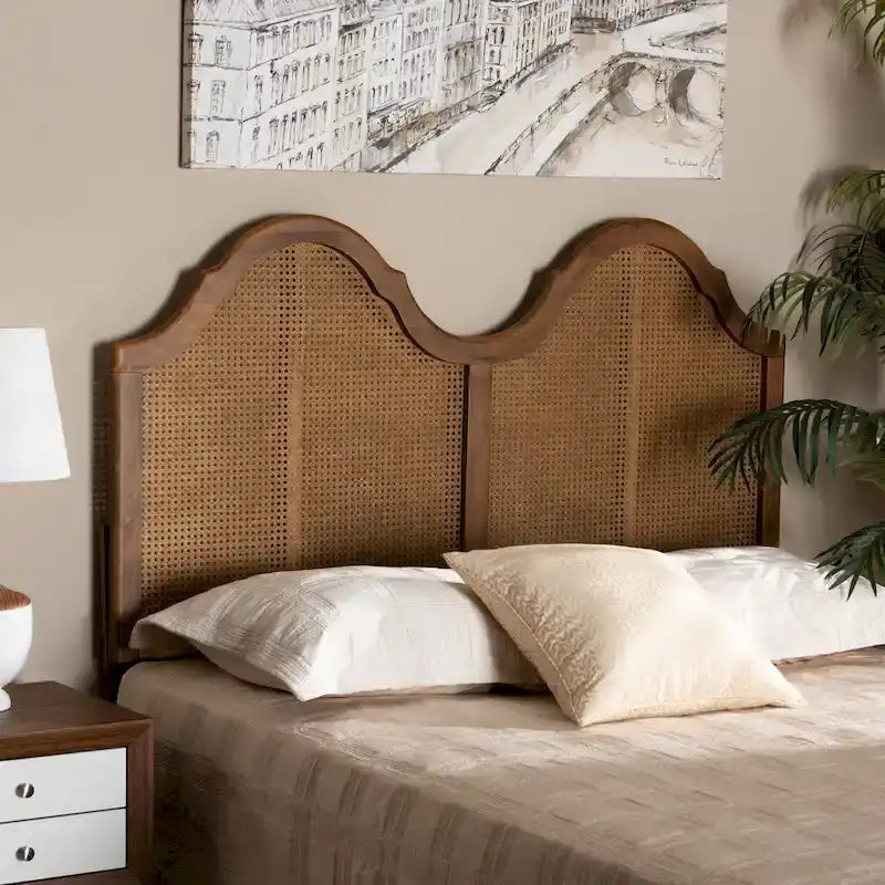 Hazel Ash Walnut Wood and Synthetic Rattan Arched Headboard