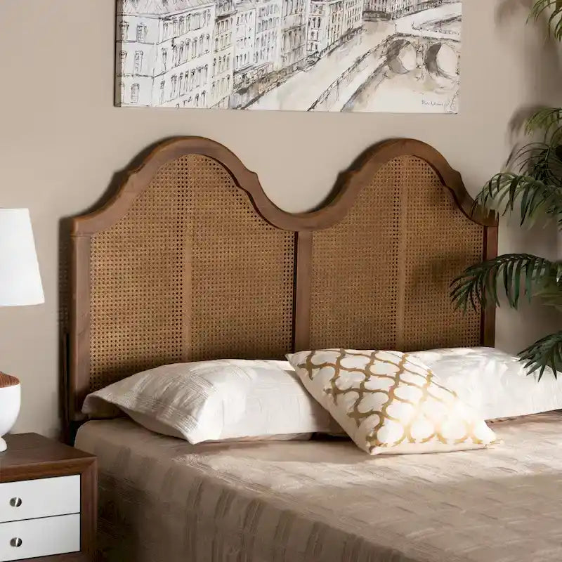 Hazel Ash Walnut Wood and Synthetic Rattan Arched Headboard