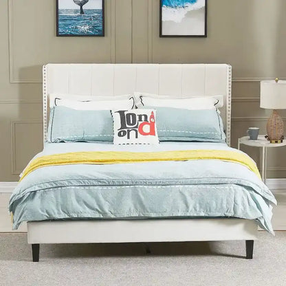 Queen Size Tufted Upholstered Bed Frame Low Profile Velvet Bed Frame Platform with Raised Wingback Headboard