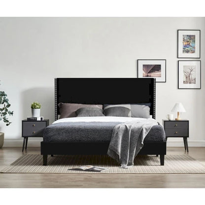 Queen Size Tufted Upholstered Bed Frame Low Profile Velvet Bed Frame Platform with Raised Wingback Headboard