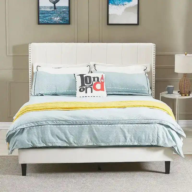Queen Size Tufted Upholstered Bed Frame Low Profile Velvet Bed Frame Platform with Raised Wingback Headboard