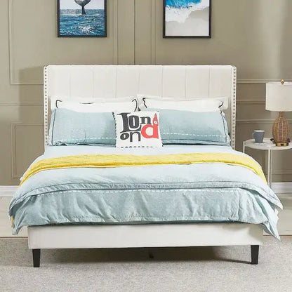 Queen Size Tufted Upholstered Bed Frame Low Profile Velvet Bed Frame Platform with Raised Wingback Headboard