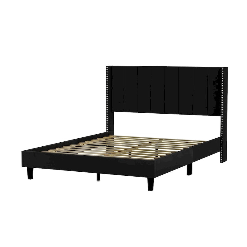 Queen Size Tufted Upholstered Bed Frame Low Profile Velvet Bed Frame Platform with Raised Wingback Headboard