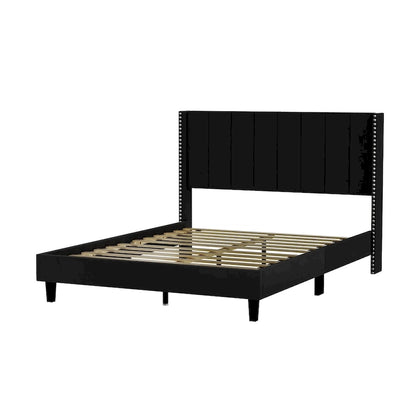 Queen Size Tufted Upholstered Bed Frame Low Profile Velvet Bed Frame Platform with Raised Wingback Headboard