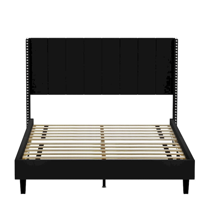 Queen Size Tufted Upholstered Bed Frame Low Profile Velvet Bed Frame Platform with Raised Wingback Headboard