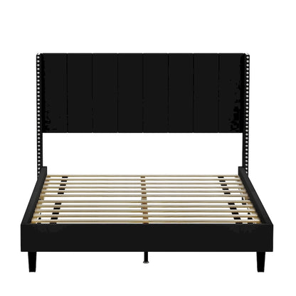 Queen Size Tufted Upholstered Bed Frame Low Profile Velvet Bed Frame Platform with Raised Wingback Headboard