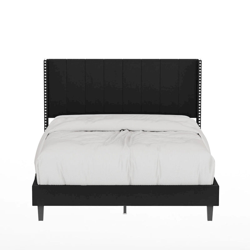 Queen Size Tufted Upholstered Bed Frame Low Profile Velvet Bed Frame Platform with Raised Wingback Headboard