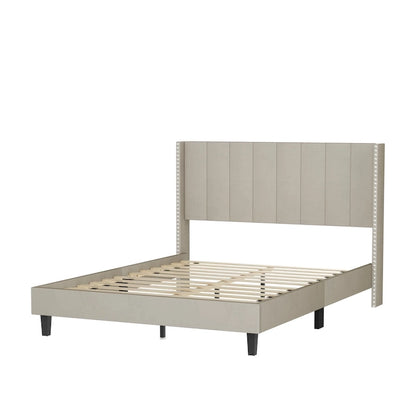 Queen Size Tufted Upholstered Bed Frame Low Profile Velvet Bed Frame Platform with Raised Wingback Headboard
