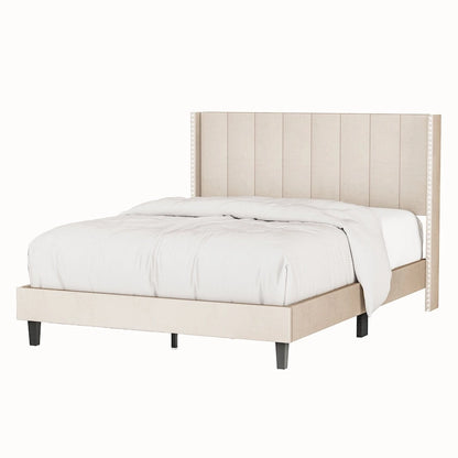 Queen Size Tufted Upholstered Bed Frame Low Profile Velvet Bed Frame Platform with Raised Wingback Headboard