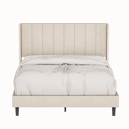 Queen Size Tufted Upholstered Bed Frame Low Profile Velvet Bed Frame Platform with Raised Wingback Headboard