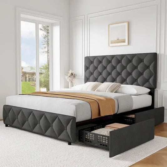 Bed Frame with 4 Storage Drawers and Adjustable Headboard