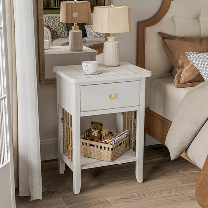 COSIEST Distressed White End Table with Drawer - 14D x 18W x 26.4H