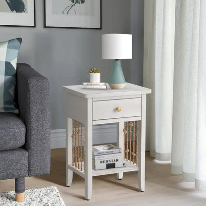 COSIEST Distressed White End Table with Drawer - 14D x 18W x 26.4H