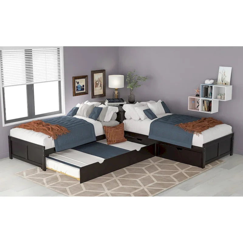L-shaped Platform Bed with Trundle and Drawers Linked with built-in Desk,Twin,Espresso