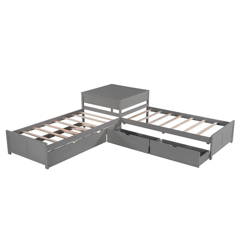 L-shaped Platform Bed with Trundle and Drawers Linked with built-in Desk,Twin,Espresso