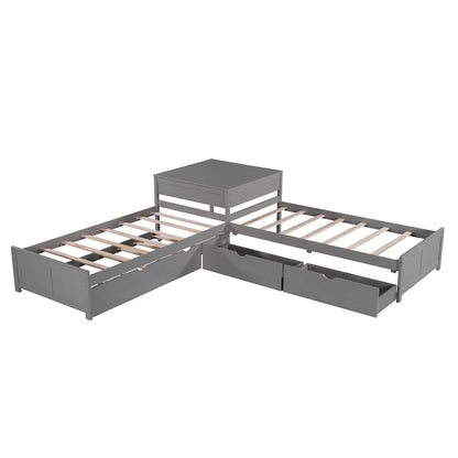 L-shaped Platform Bed with Trundle and Drawers Linked with built-in Desk,Twin,Espresso