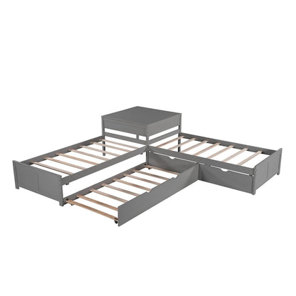 L-shaped Platform Bed with Trundle and Drawers Linked with built-in Desk,Twin,Espresso