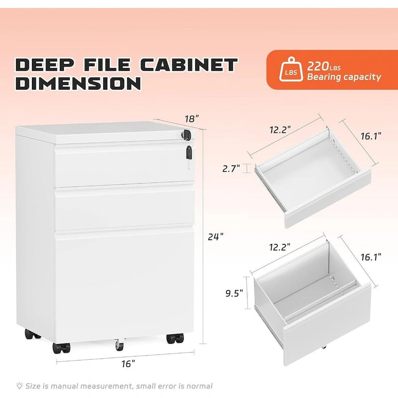 3 Drawer Mobile File Cabinet Lockable Storage Cabinet