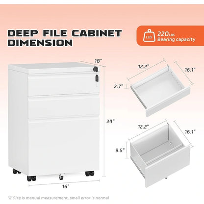 3 Drawer Mobile File Cabinet Lockable Storage Cabinet