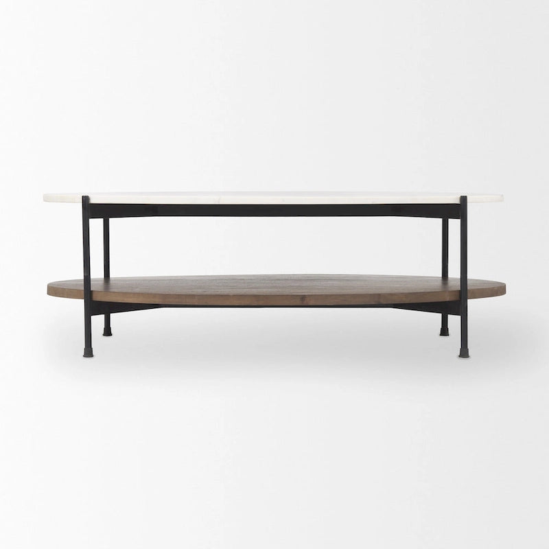 Larkin White Marble Top w/ Dark Brown Wood Shelf Oval Coffee Table